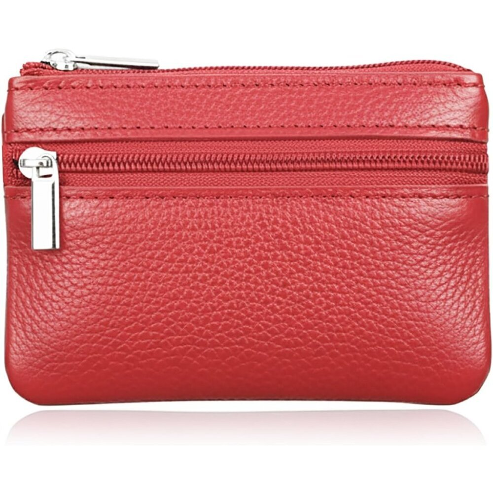 Red Small Leather Coin Purse Change Pouch for Women Men Kids with Zip Key Ring